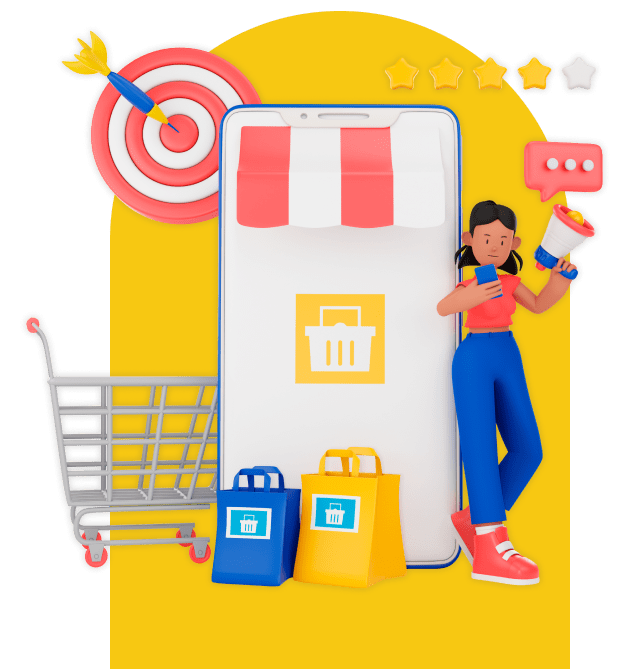 Illustration of eCommerce development with a smartphone storefront, shopping cart, shopping bags, and a woman using a megaphone and mobile device.